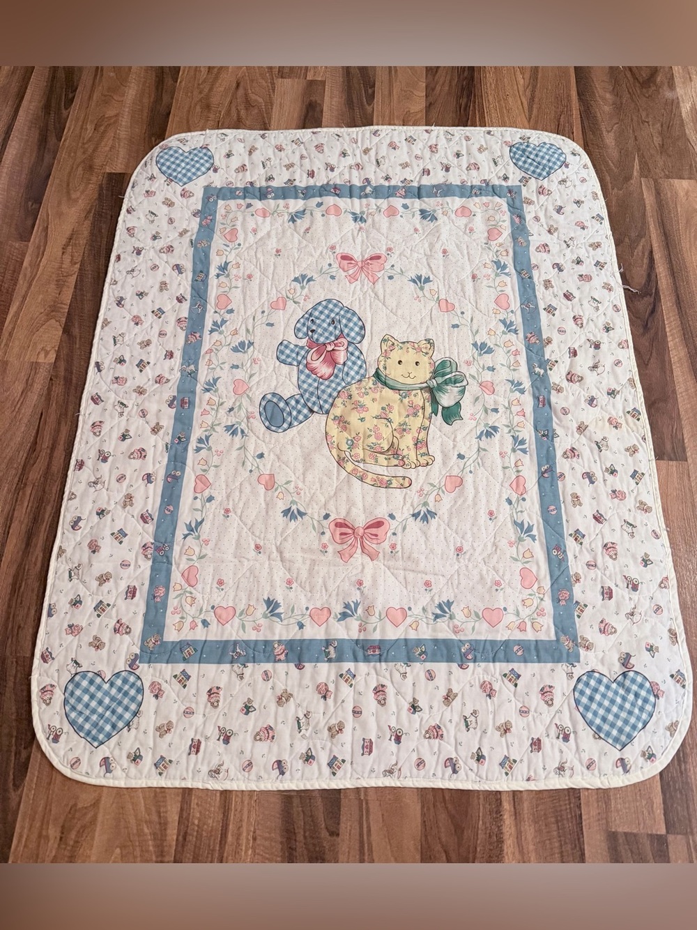 Vintage Pastel Floral Cat Gingham Dog Quilt Hearts Bows Houses Cottage Grandma